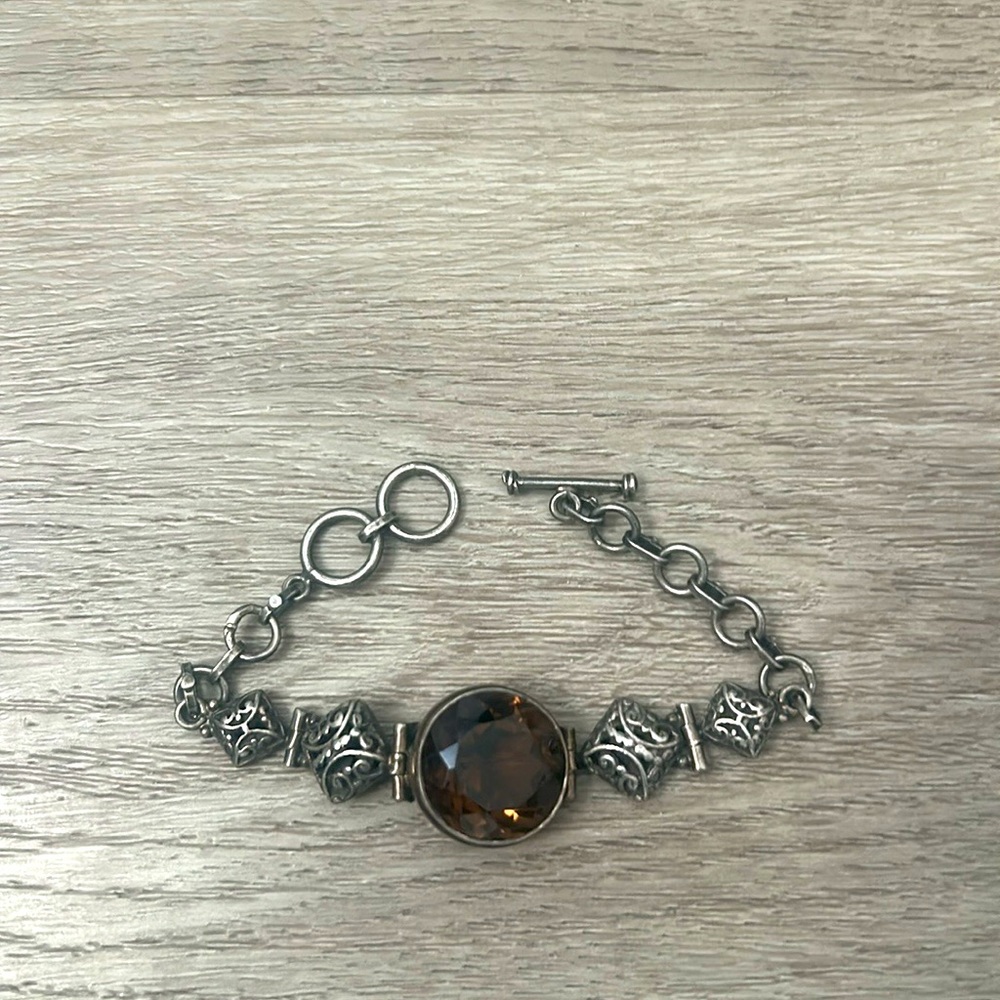 Vintage Faceted Smokey Quartz Gemstone Antique Silver Bracelet w Toggle Closure